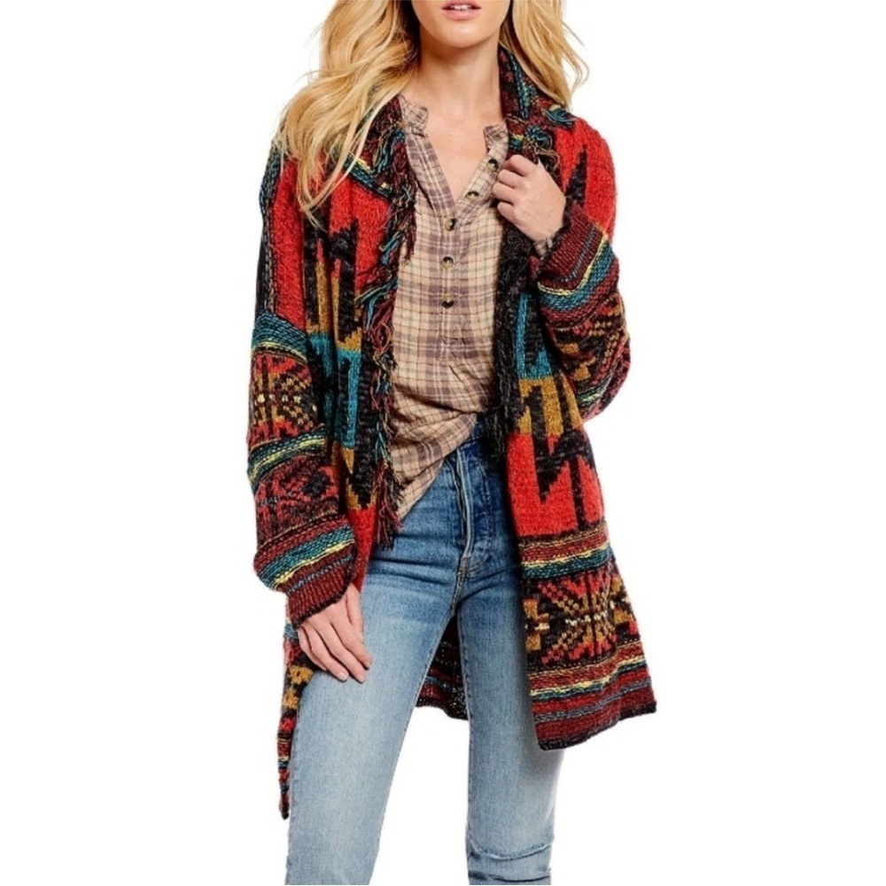 Free People Southwestern Cardigan Duster Jacket Fringe Aztec Size Medium large - Picture 8 of 15